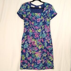 Liz Claiborne Blue Floral Silk Sheath Dress, Square Neck, Lined Sz 8 Classic